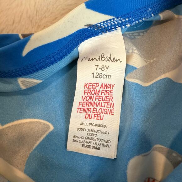 Mini Boden Long Swim Trunks Euro Shorts Jammers Boys 7 8 Blue Shark Print - Picture 3 of 7